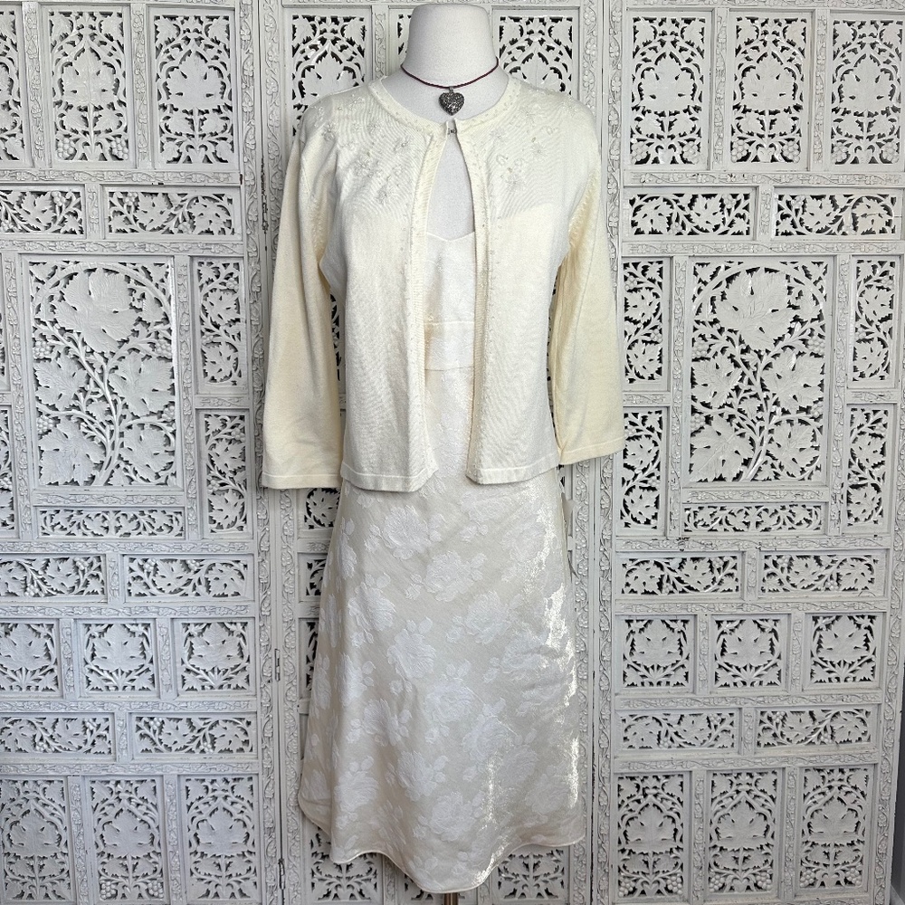 Vintage Ivory NWT K Studio Beaded Cardigan‎ & Floral Midi Dress Set